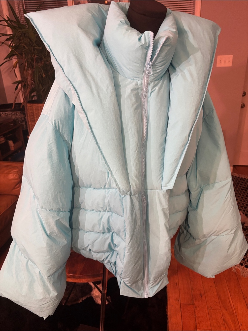 Women's Oversized Mint Puffer Jacket with Statement Collar
